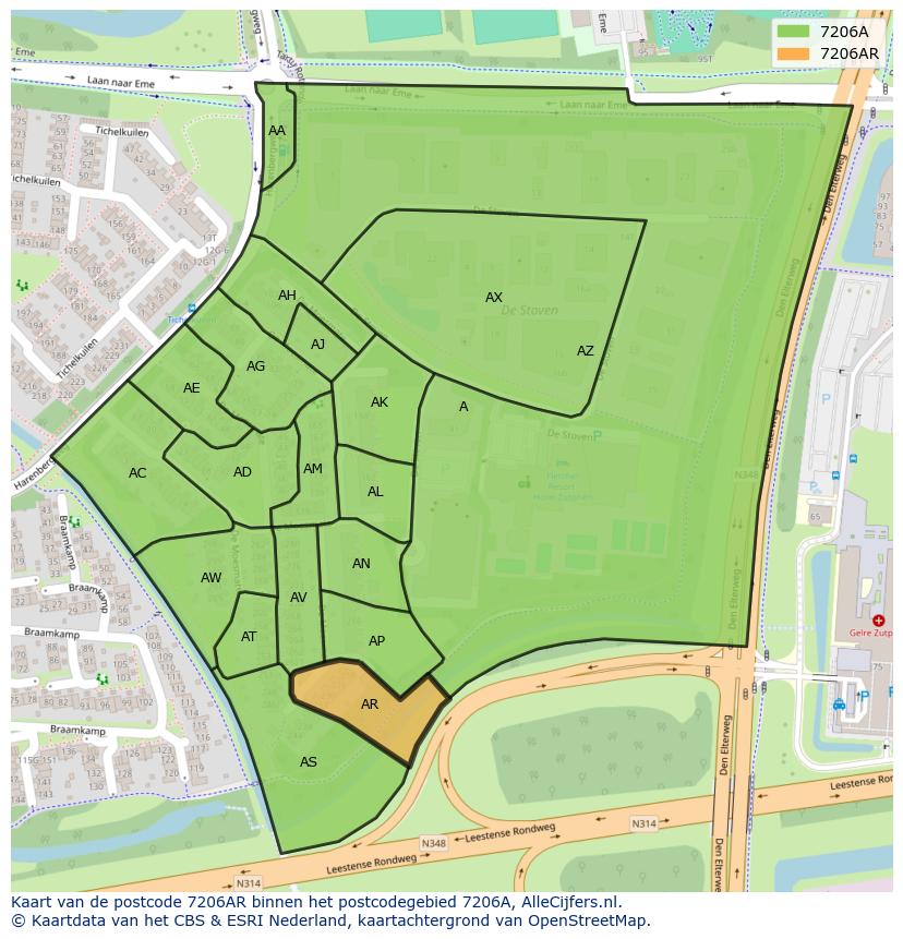 Afbeelding van het postcodegebied 7206 AR op de kaart.