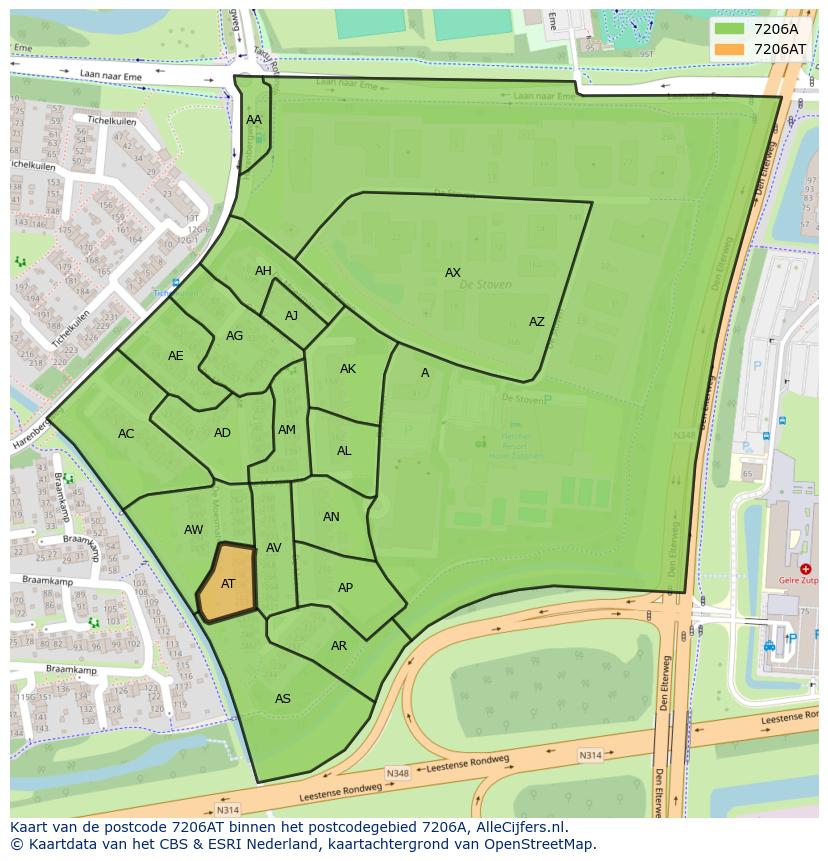 Afbeelding van het postcodegebied 7206 AT op de kaart.