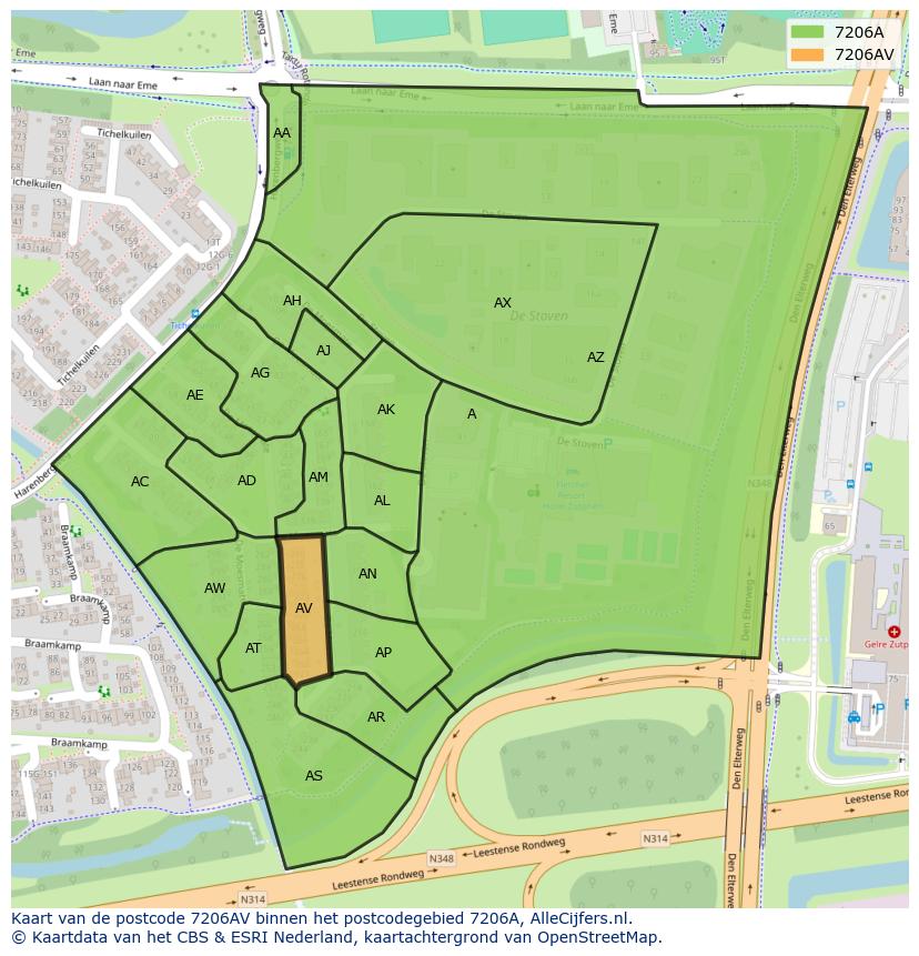 Afbeelding van het postcodegebied 7206 AV op de kaart.