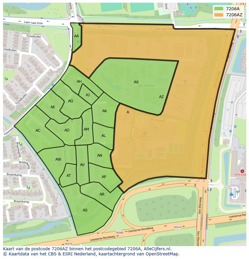 Afbeelding van het postcodegebied 7206 AZ op de kaart.