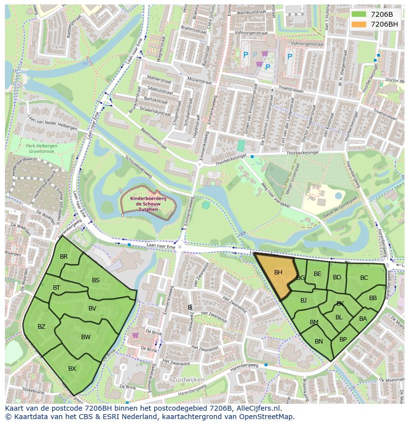 Afbeelding van het postcodegebied 7206 BH op de kaart.