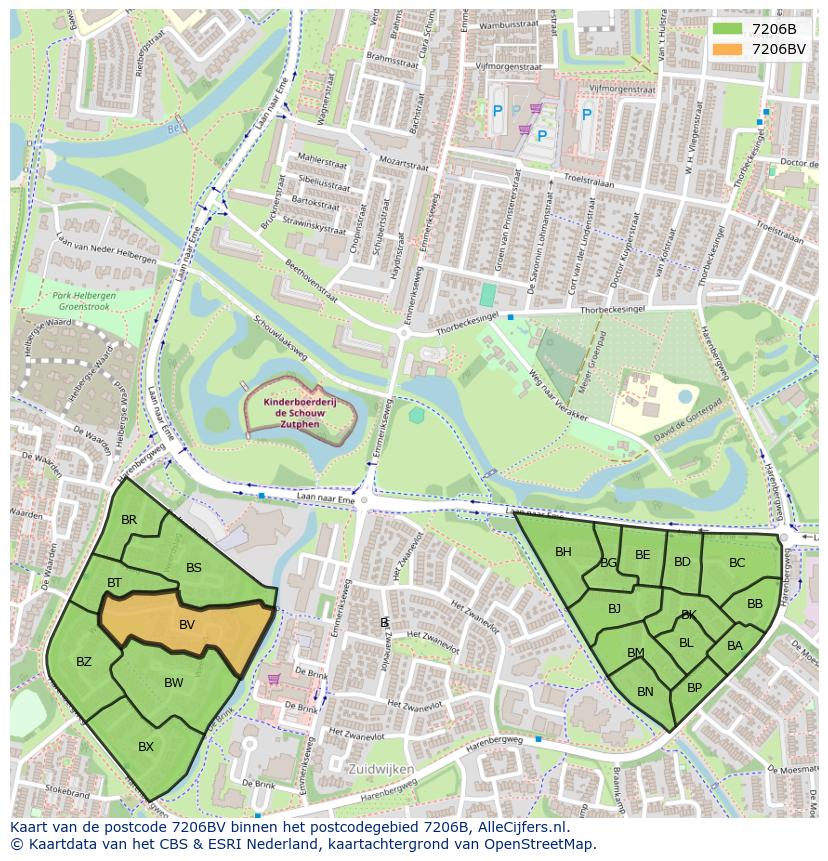 Afbeelding van het postcodegebied 7206 BV op de kaart.