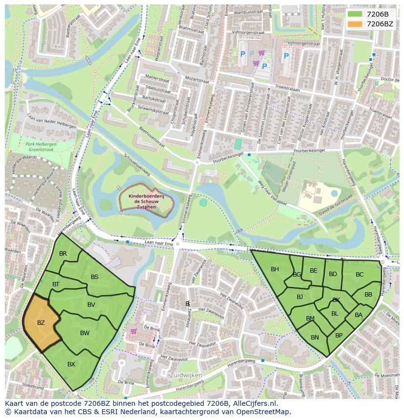 Afbeelding van het postcodegebied 7206 BZ op de kaart.