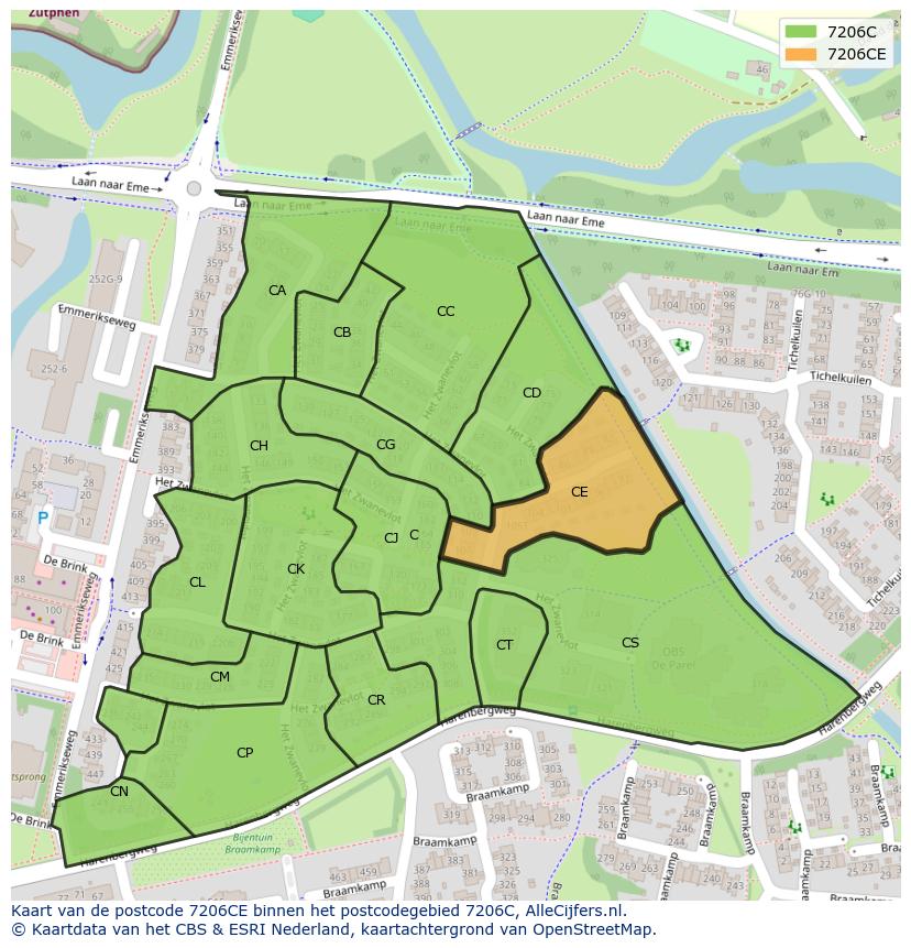 Afbeelding van het postcodegebied 7206 CE op de kaart.