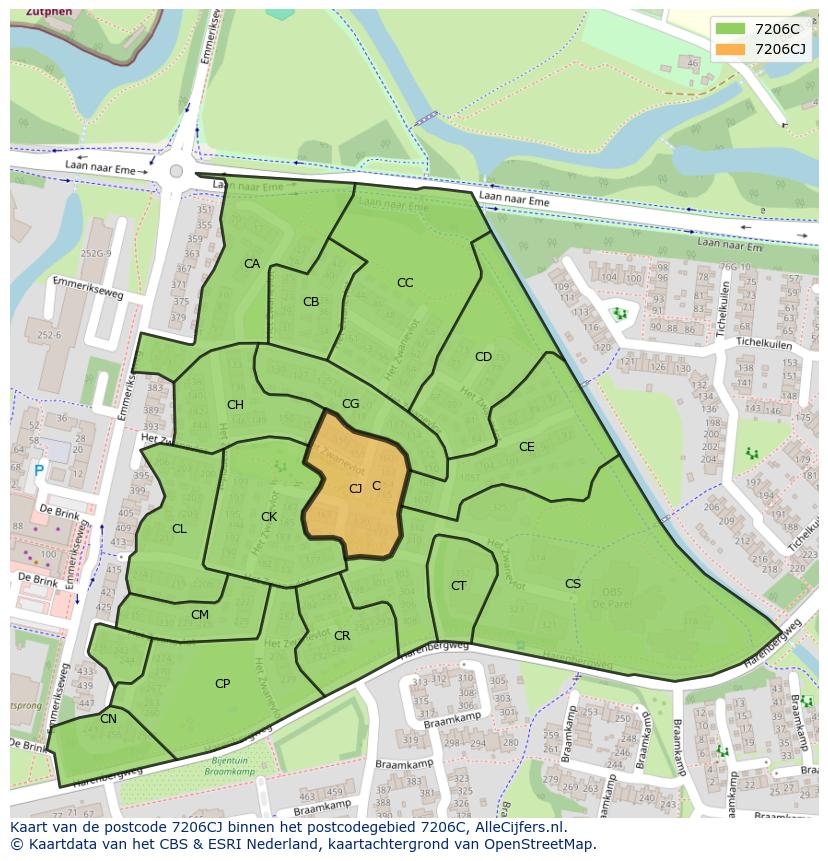 Afbeelding van het postcodegebied 7206 CJ op de kaart.