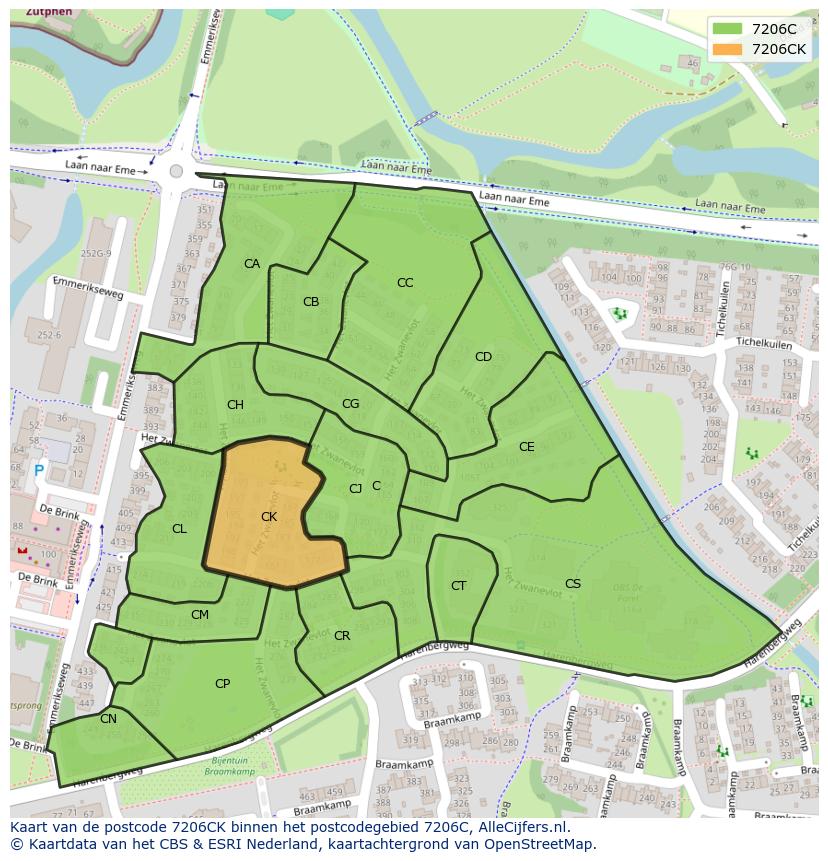 Afbeelding van het postcodegebied 7206 CK op de kaart.