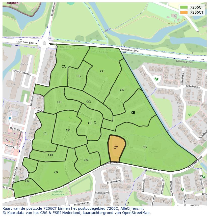 Afbeelding van het postcodegebied 7206 CT op de kaart.
