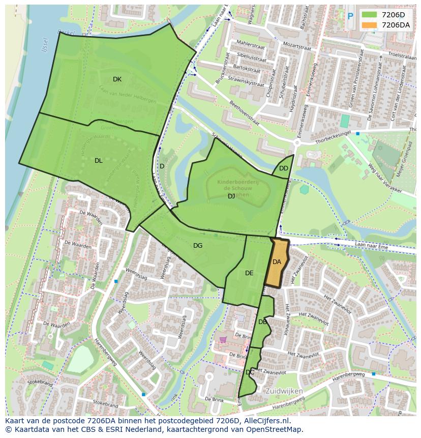 Afbeelding van het postcodegebied 7206 DA op de kaart.