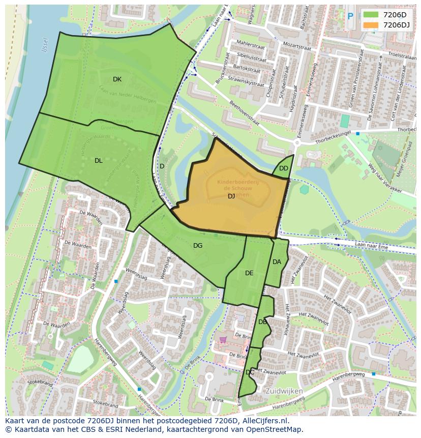 Afbeelding van het postcodegebied 7206 DJ op de kaart.