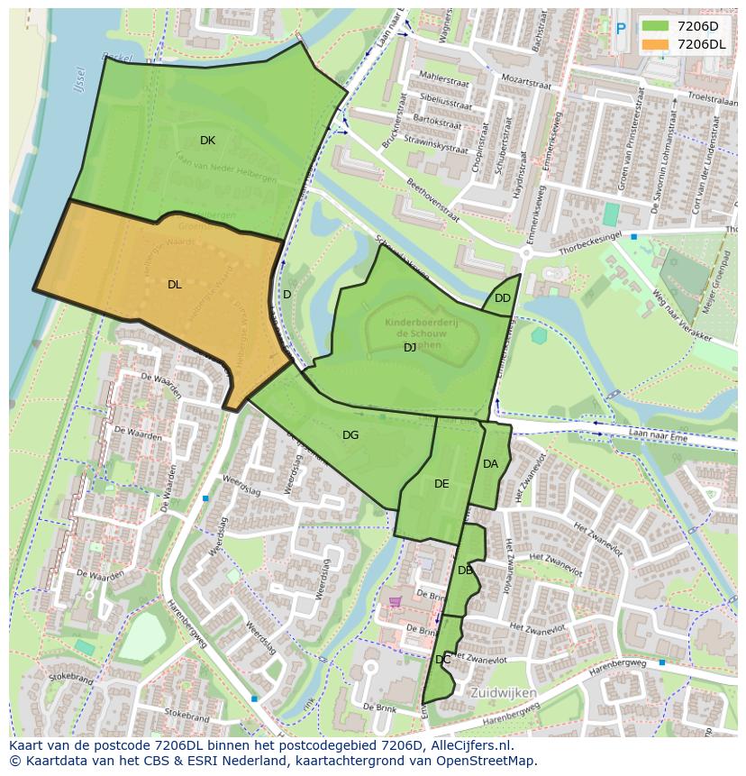 Afbeelding van het postcodegebied 7206 DL op de kaart.