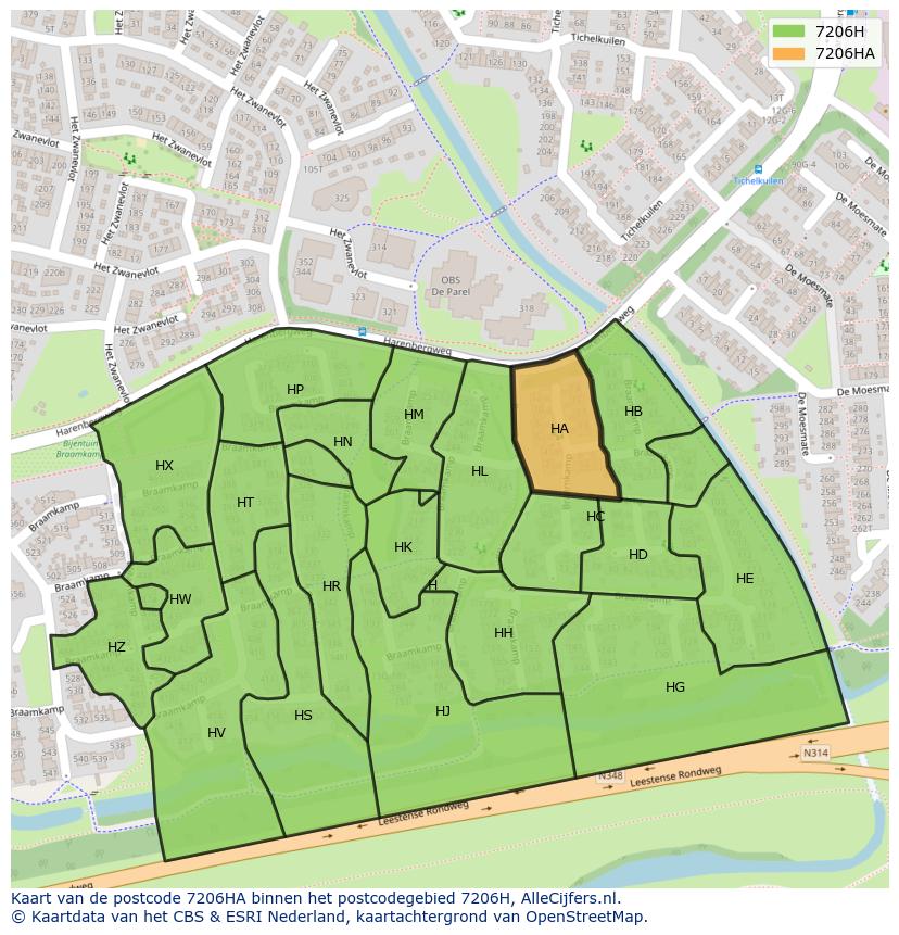Afbeelding van het postcodegebied 7206 HA op de kaart.