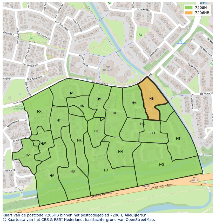 Afbeelding van het postcodegebied 7206 HB op de kaart.