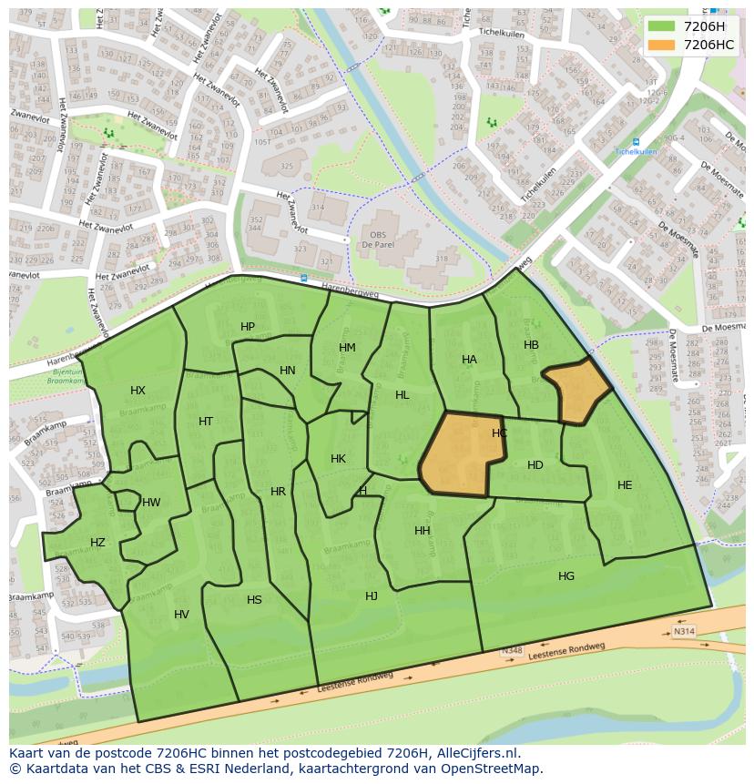 Afbeelding van het postcodegebied 7206 HC op de kaart.