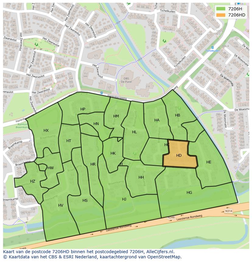 Afbeelding van het postcodegebied 7206 HD op de kaart.