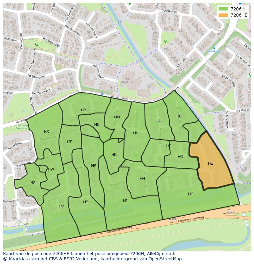 Afbeelding van het postcodegebied 7206 HE op de kaart.