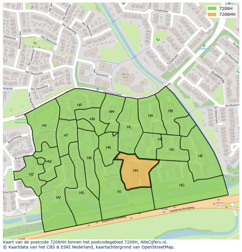Afbeelding van het postcodegebied 7206 HH op de kaart.