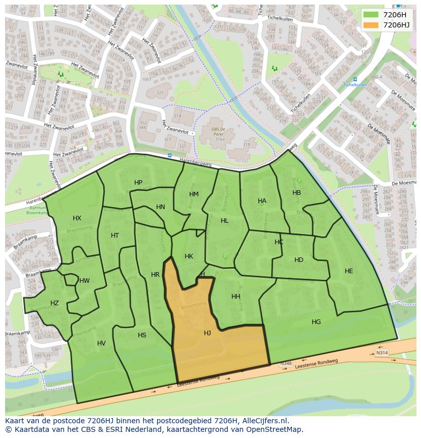 Afbeelding van het postcodegebied 7206 HJ op de kaart.