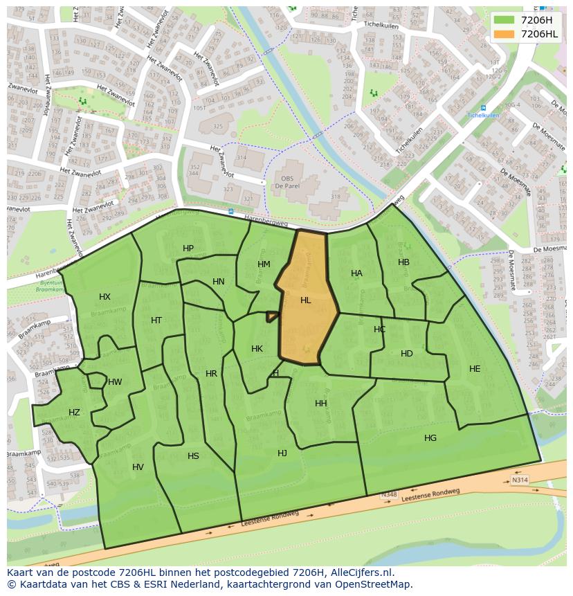 Afbeelding van het postcodegebied 7206 HL op de kaart.