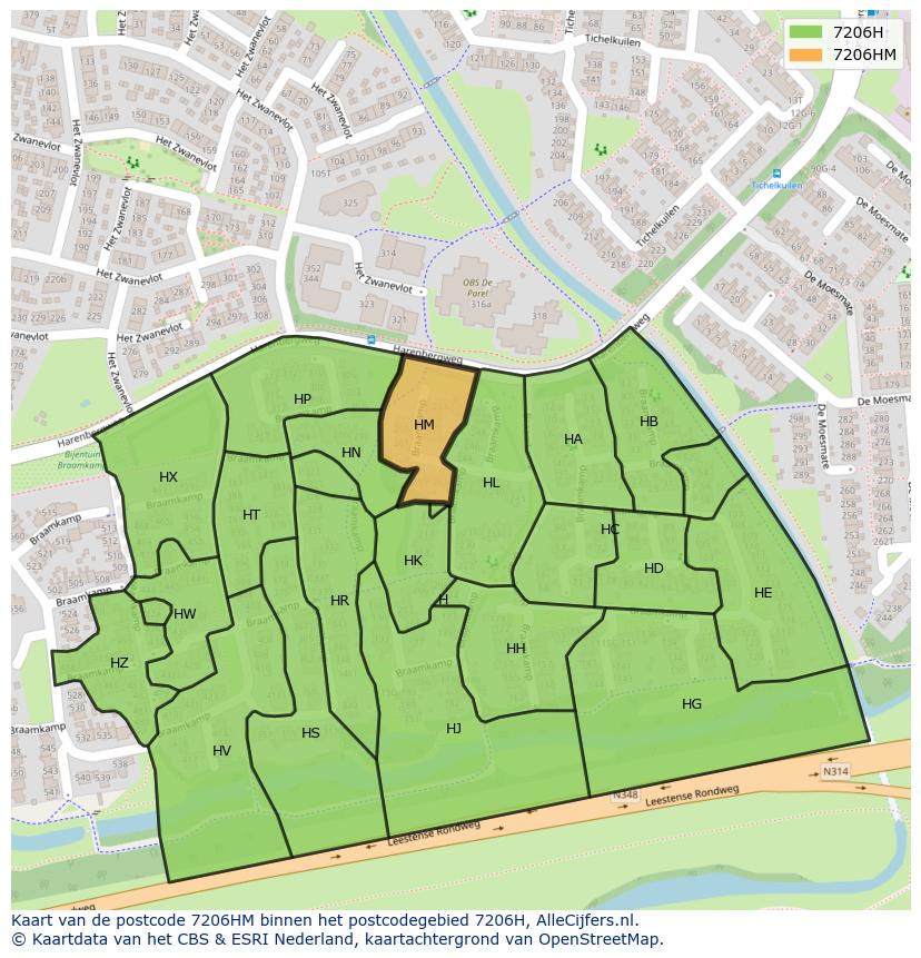 Afbeelding van het postcodegebied 7206 HM op de kaart.