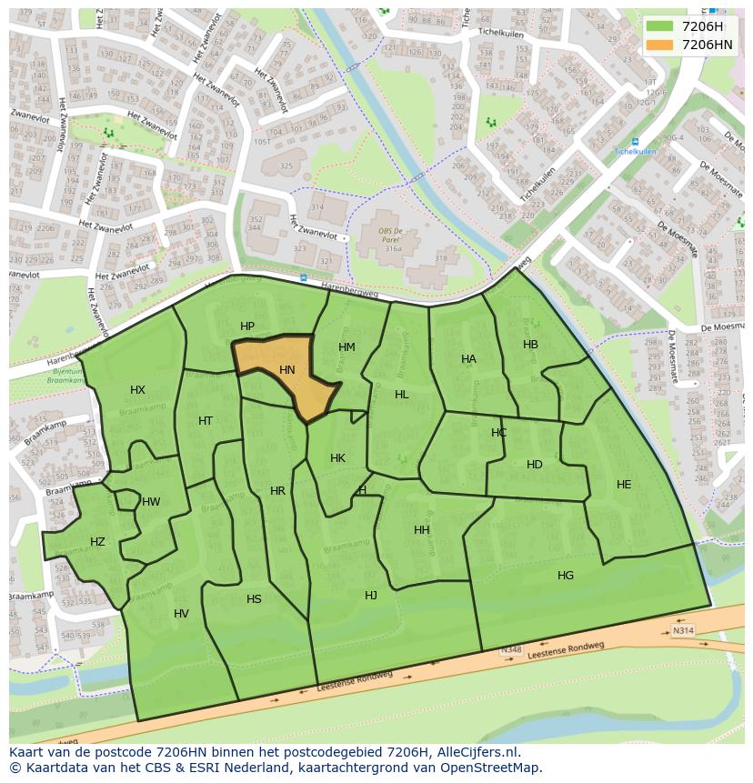 Afbeelding van het postcodegebied 7206 HN op de kaart.