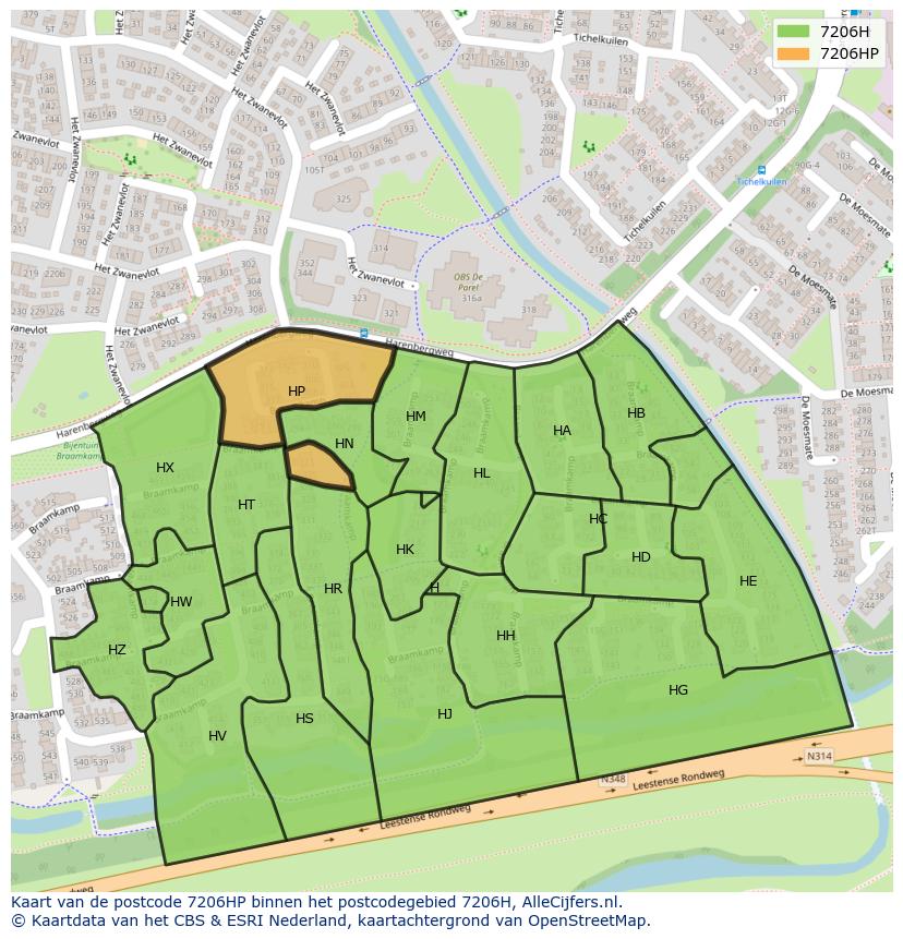 Afbeelding van het postcodegebied 7206 HP op de kaart.