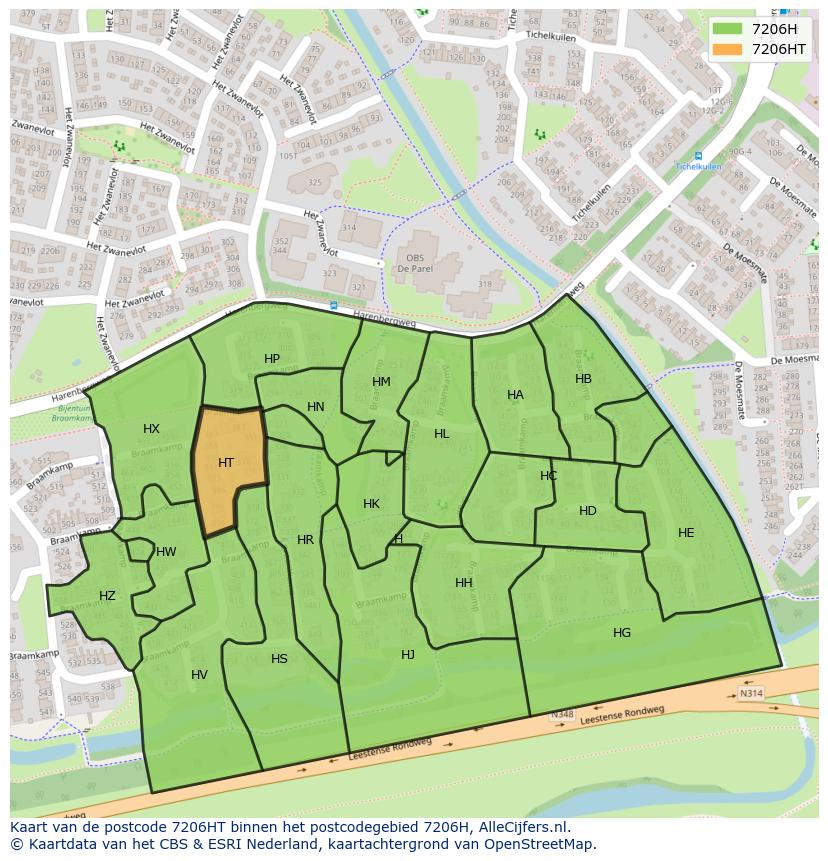 Afbeelding van het postcodegebied 7206 HT op de kaart.