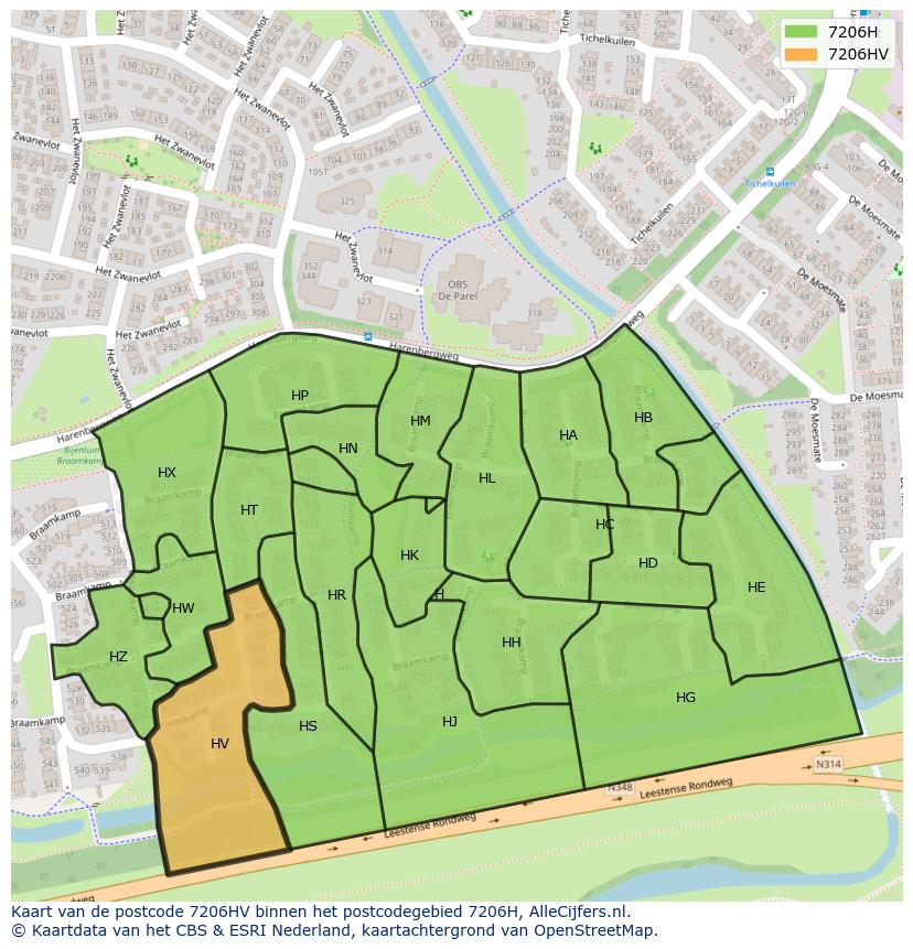 Afbeelding van het postcodegebied 7206 HV op de kaart.