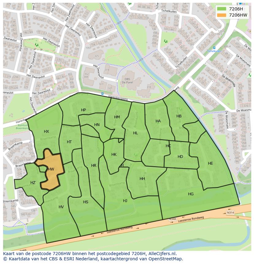 Afbeelding van het postcodegebied 7206 HW op de kaart.