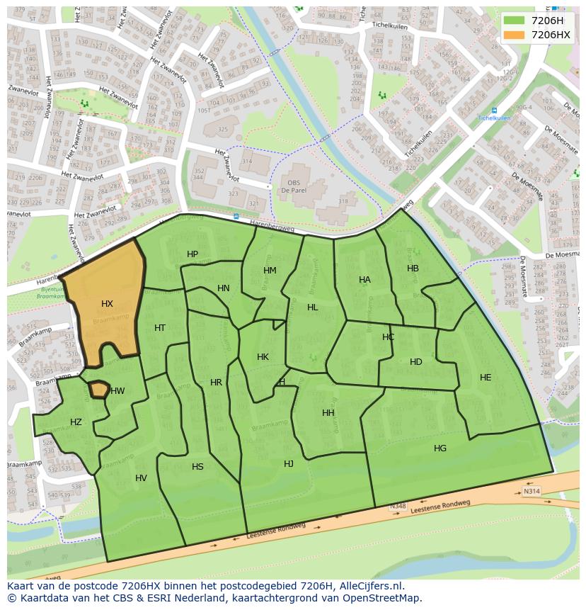 Afbeelding van het postcodegebied 7206 HX op de kaart.