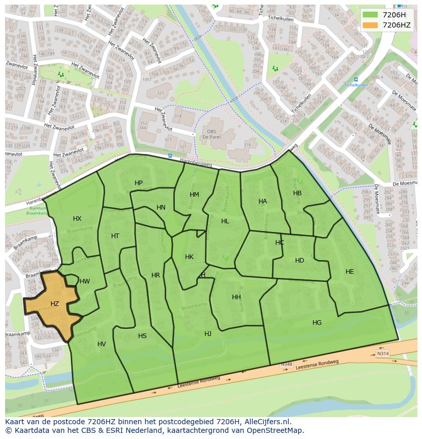Afbeelding van het postcodegebied 7206 HZ op de kaart.