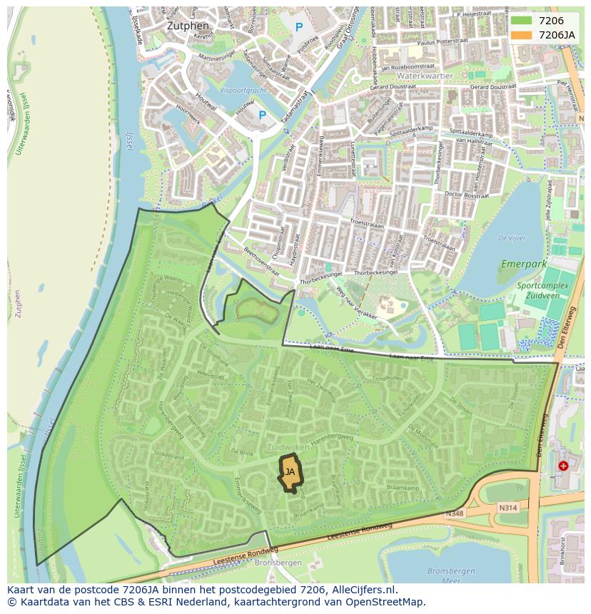 Afbeelding van het postcodegebied 7206 JA op de kaart.