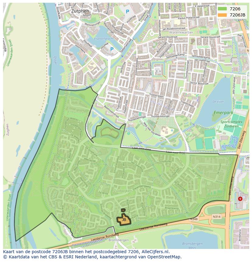 Afbeelding van het postcodegebied 7206 JB op de kaart.