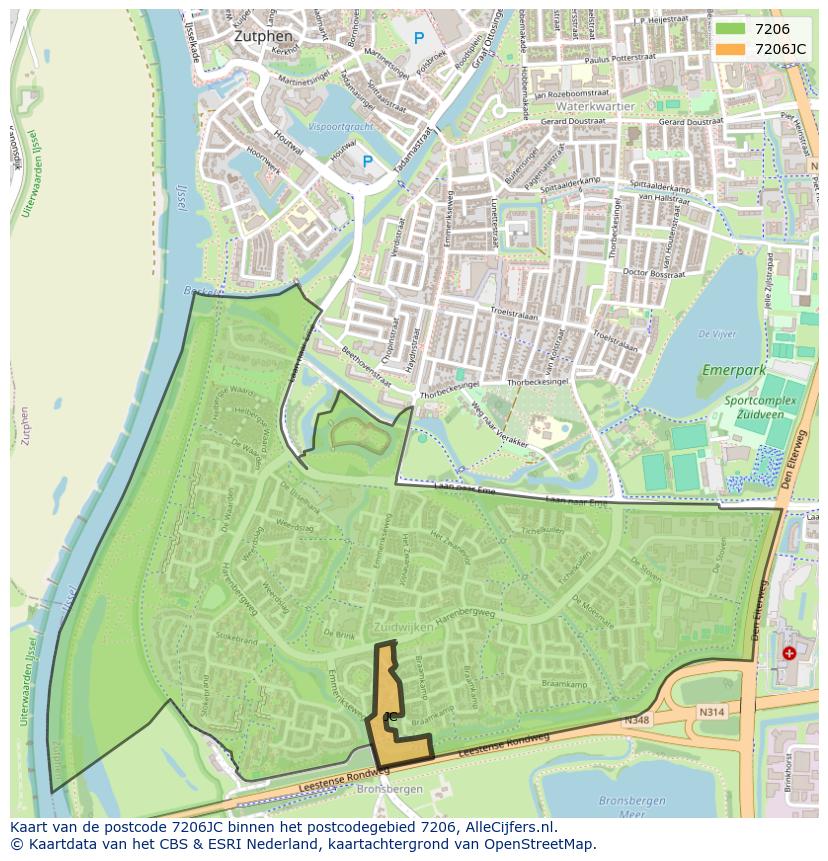 Afbeelding van het postcodegebied 7206 JC op de kaart.