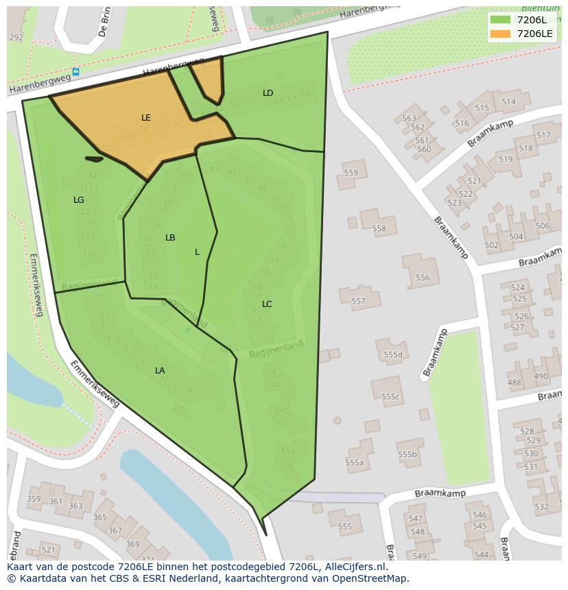 Afbeelding van het postcodegebied 7206 LE op de kaart.