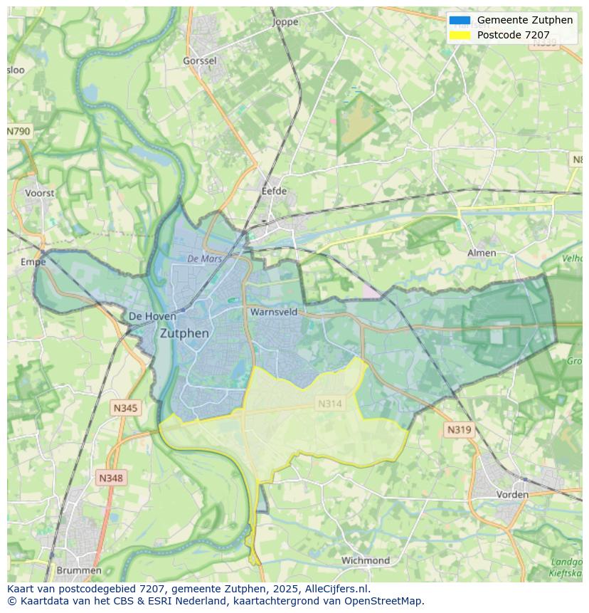 Afbeelding van het postcodegebied 7207 op de kaart.