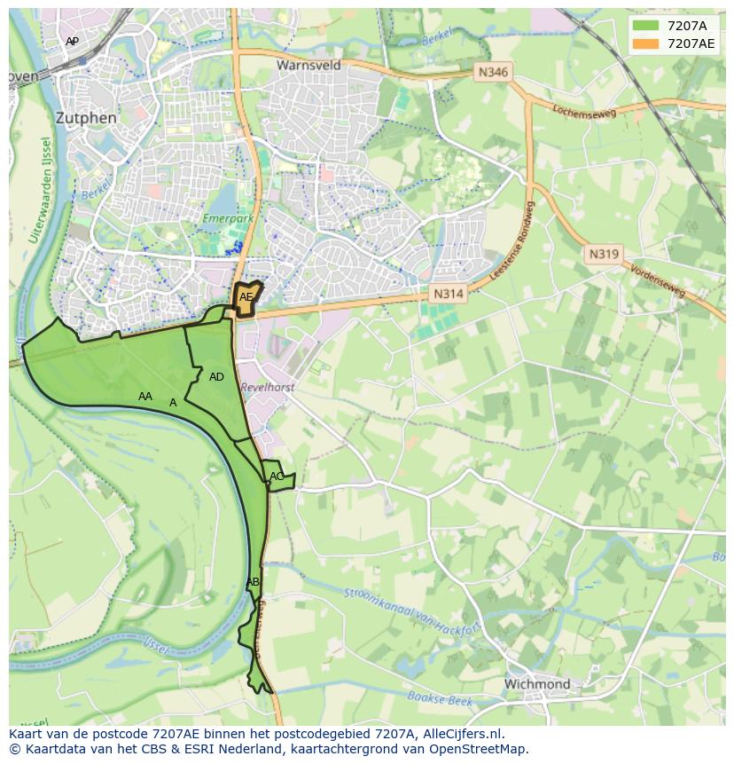 Afbeelding van het postcodegebied 7207 AE op de kaart.