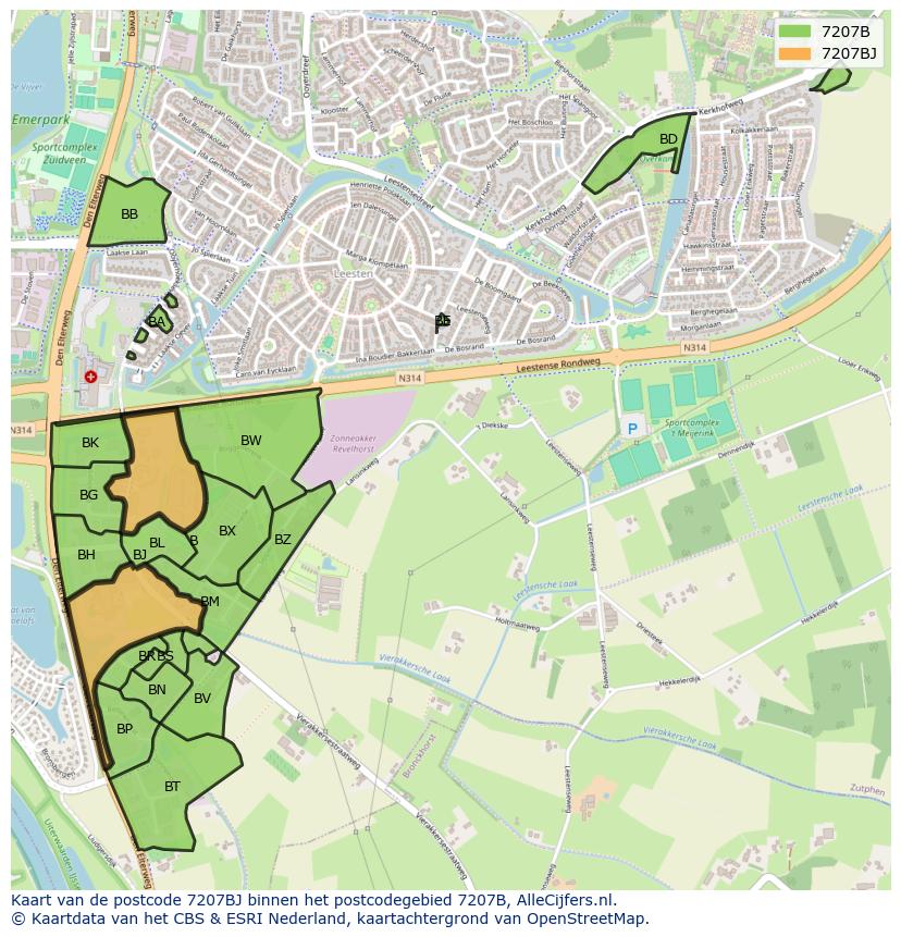 Afbeelding van het postcodegebied 7207 BJ op de kaart.