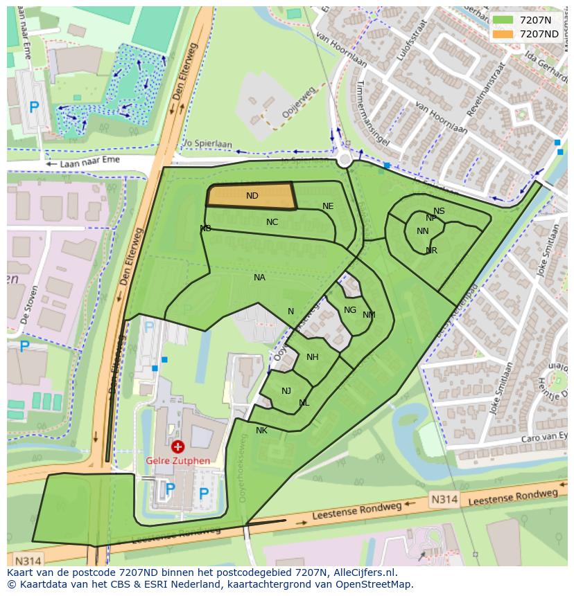 Afbeelding van het postcodegebied 7207 ND op de kaart.