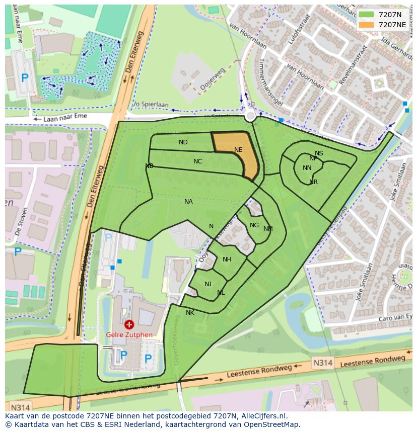 Afbeelding van het postcodegebied 7207 NE op de kaart.