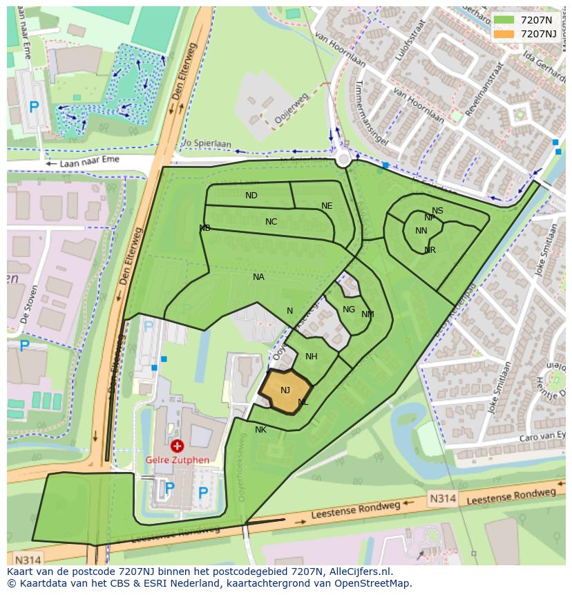Afbeelding van het postcodegebied 7207 NJ op de kaart.