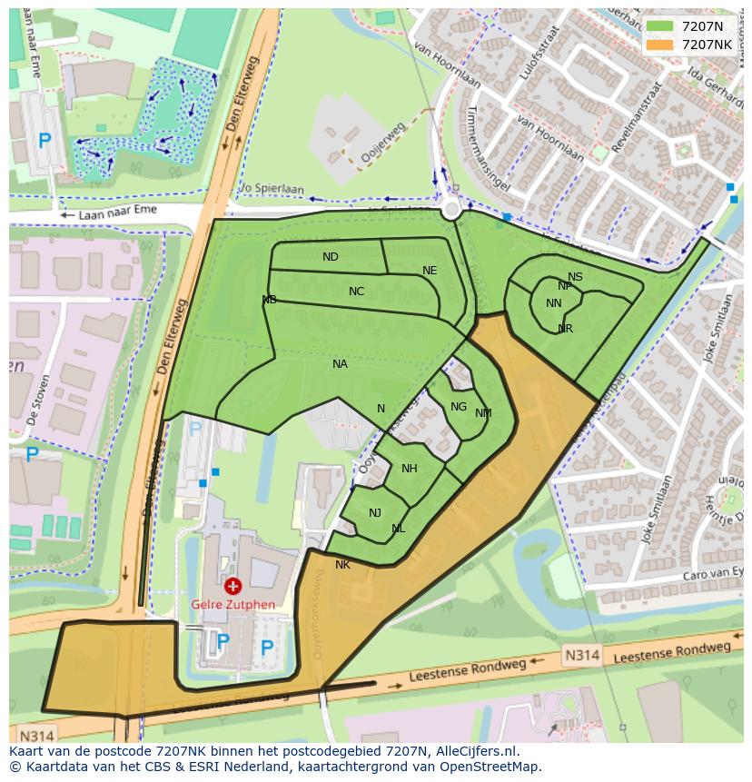 Afbeelding van het postcodegebied 7207 NK op de kaart.