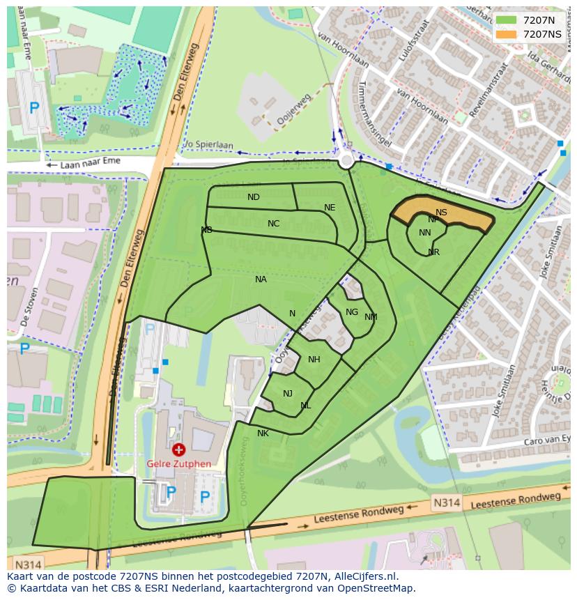 Afbeelding van het postcodegebied 7207 NS op de kaart.