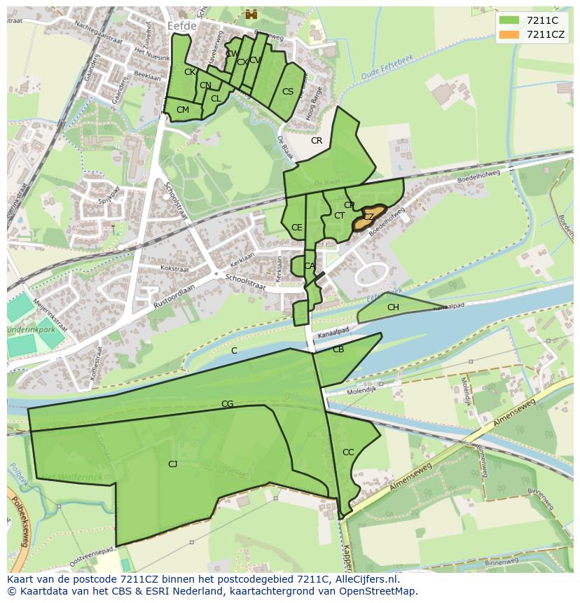 Afbeelding van het postcodegebied 7211 CZ op de kaart.