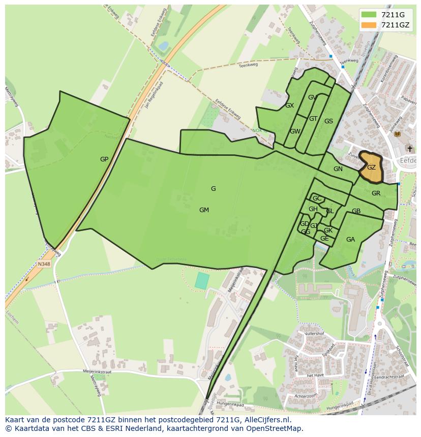 Afbeelding van het postcodegebied 7211 GZ op de kaart.