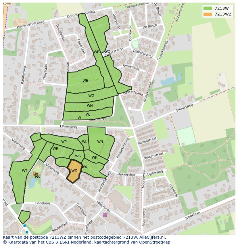 Afbeelding van het postcodegebied 7213 WZ op de kaart.