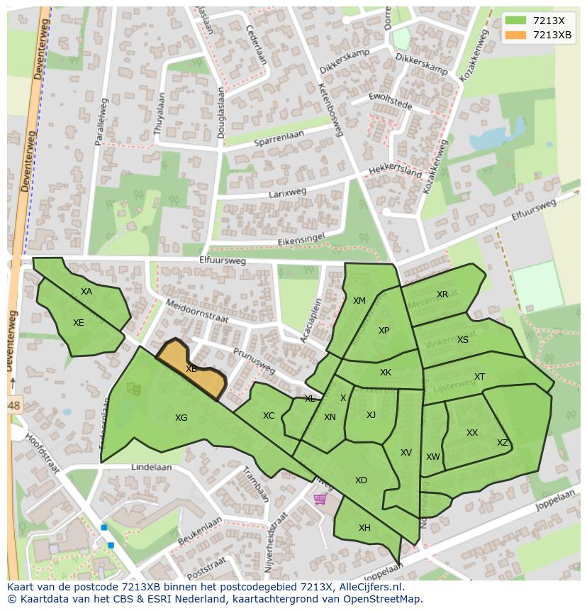 Afbeelding van het postcodegebied 7213 XB op de kaart.