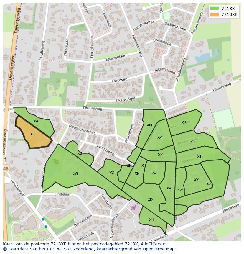 Afbeelding van het postcodegebied 7213 XE op de kaart.