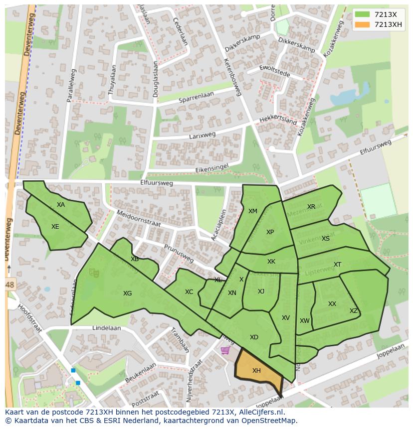 Afbeelding van het postcodegebied 7213 XH op de kaart.