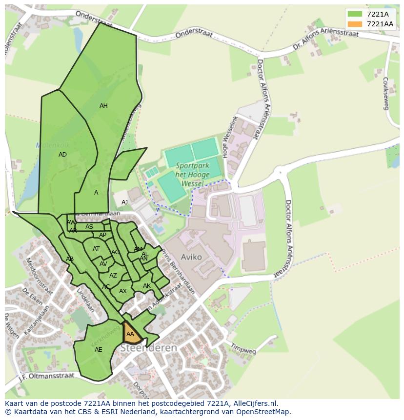 Afbeelding van het postcodegebied 7221 AA op de kaart.