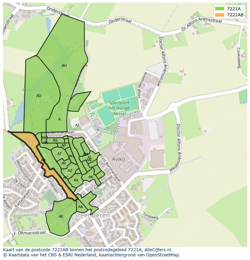 Afbeelding van het postcodegebied 7221 AB op de kaart.